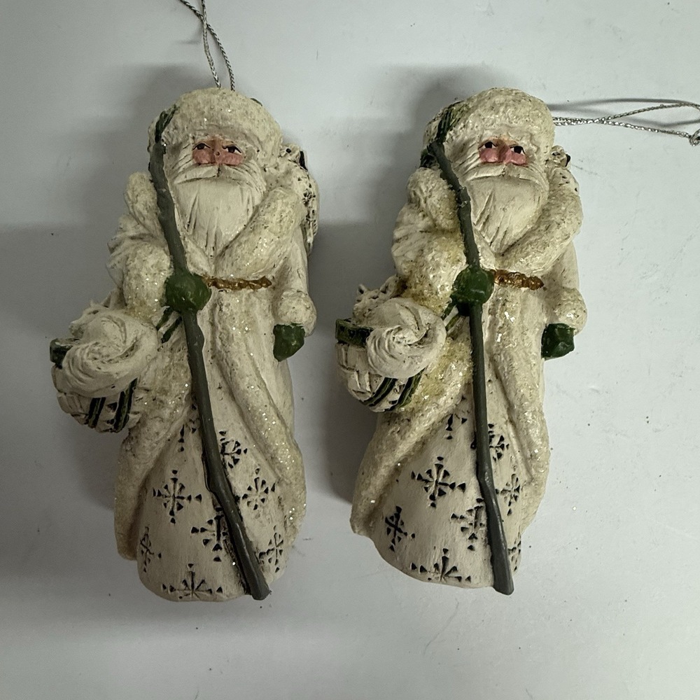 Set Of 2 Midwest Pam Schifferl "White Belsnickle" Santa Christmas Ornament 2.75"